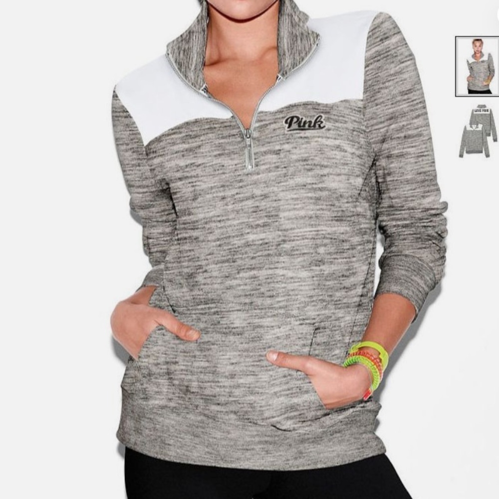 PINK Victoria's Secret size M  Gray and White quarter zip pullover LOVE PINK. - Picture 3 of 10